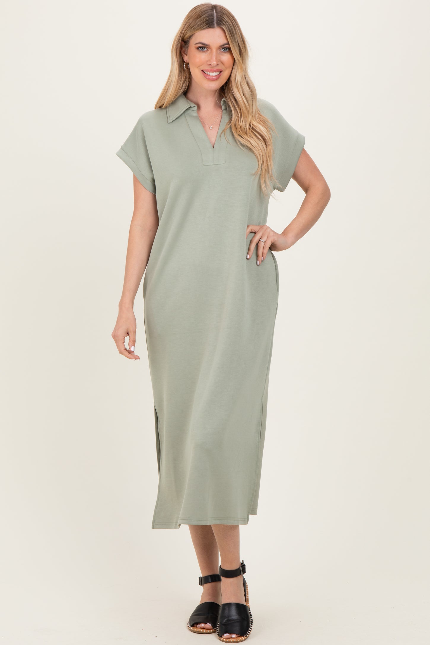 Sage Collared Short Sleeve Midi Dress