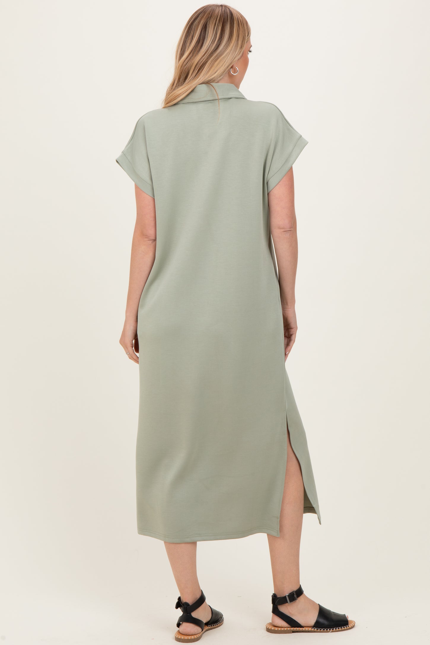 Sage Collared Short Sleeve Midi Dress