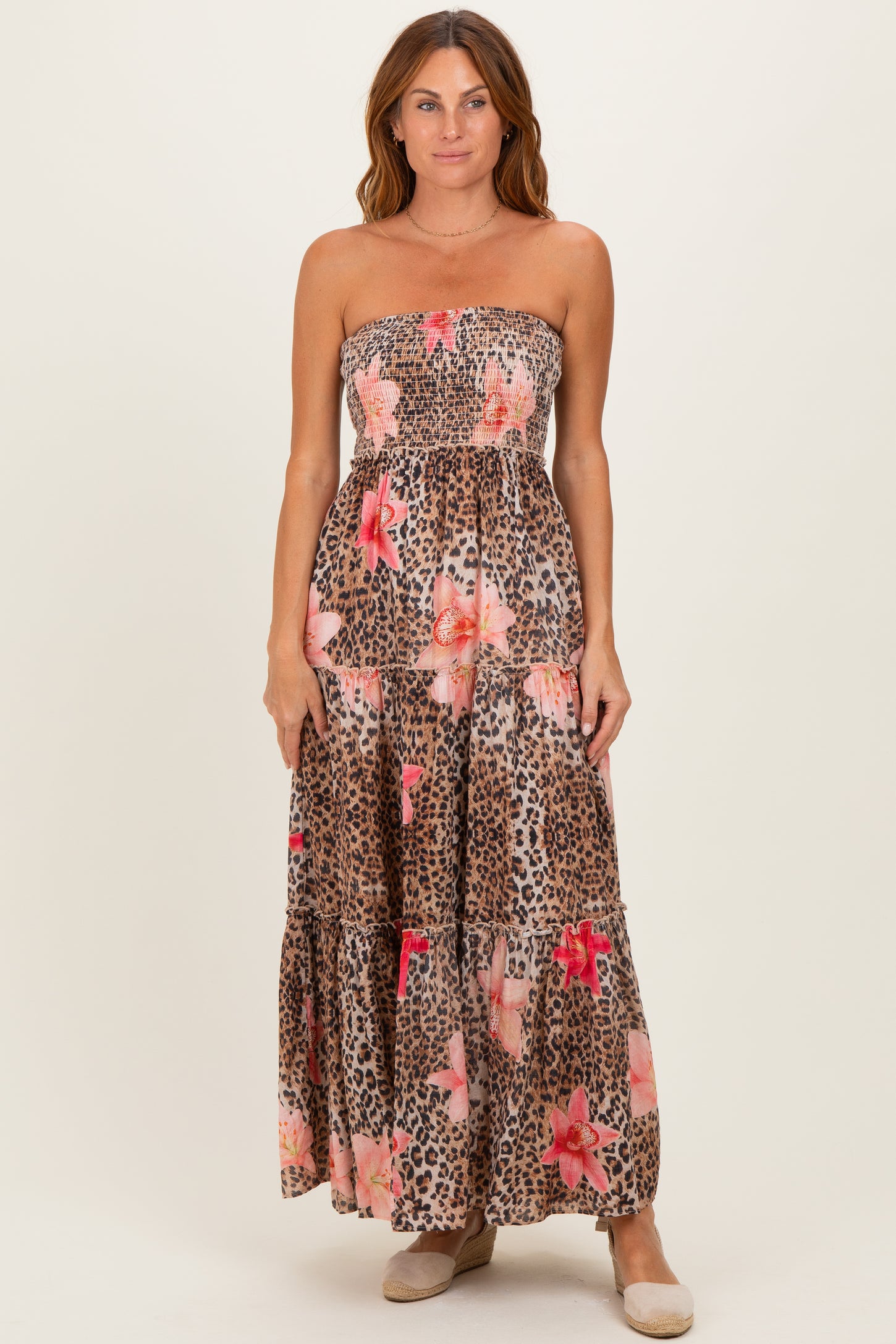 Mocha Animal Print Floral Smocked Strapless Maternity Maxi Dress