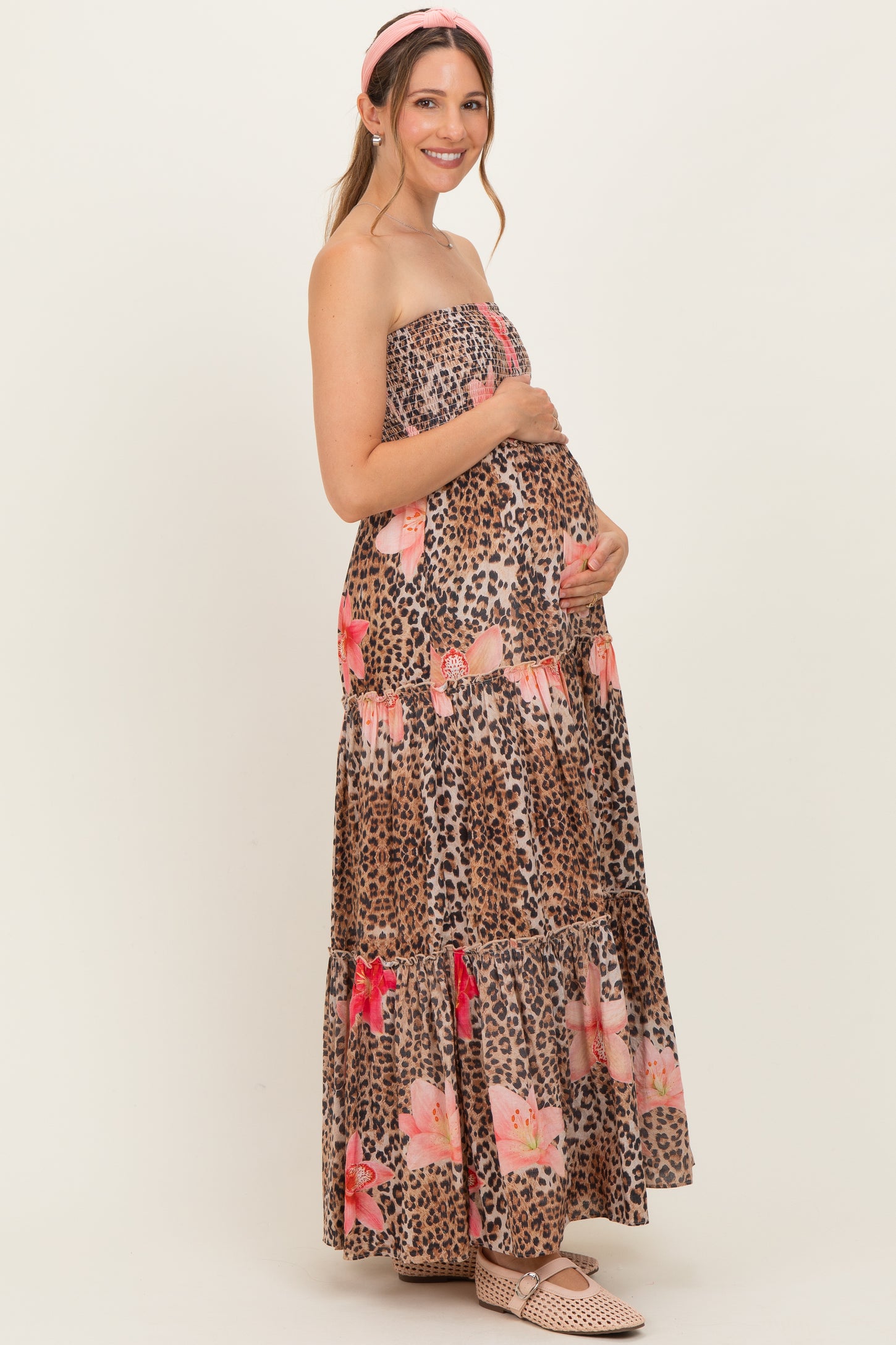 Mocha Animal Print Floral Smocked Strapless Maternity Maxi Dress
