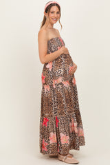 Mocha Animal Print Floral Smocked Strapless Maternity Maxi Dress