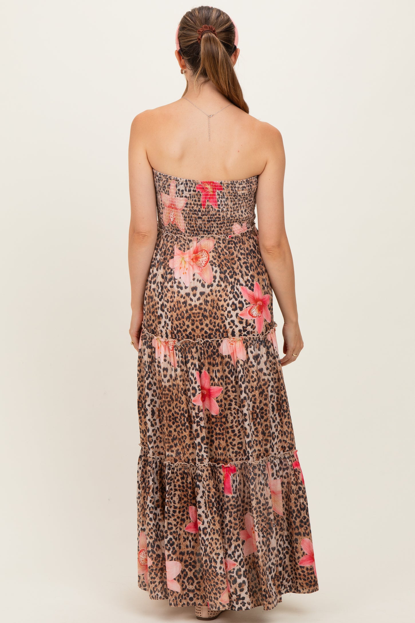 Mocha Animal Print Floral Smocked Strapless Maternity Maxi Dress