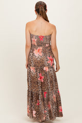 Mocha Animal Print Floral Smocked Strapless Maternity Maxi Dress