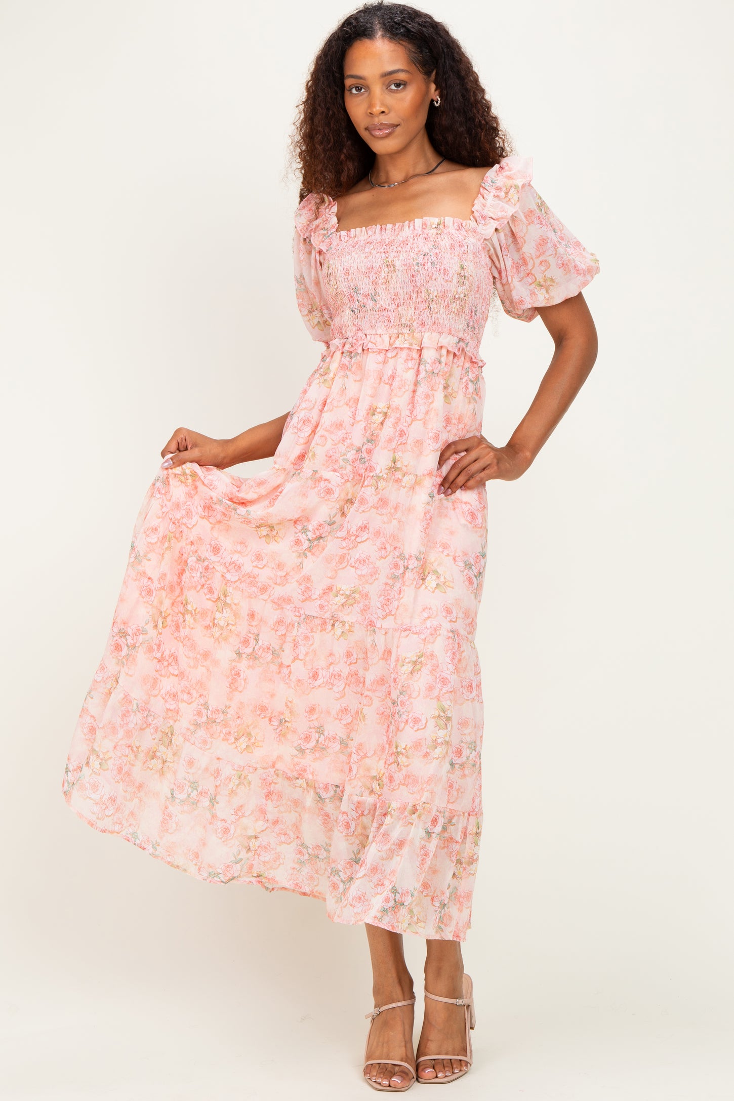 Pink Floral Chiffon Smocked Maxi Dress