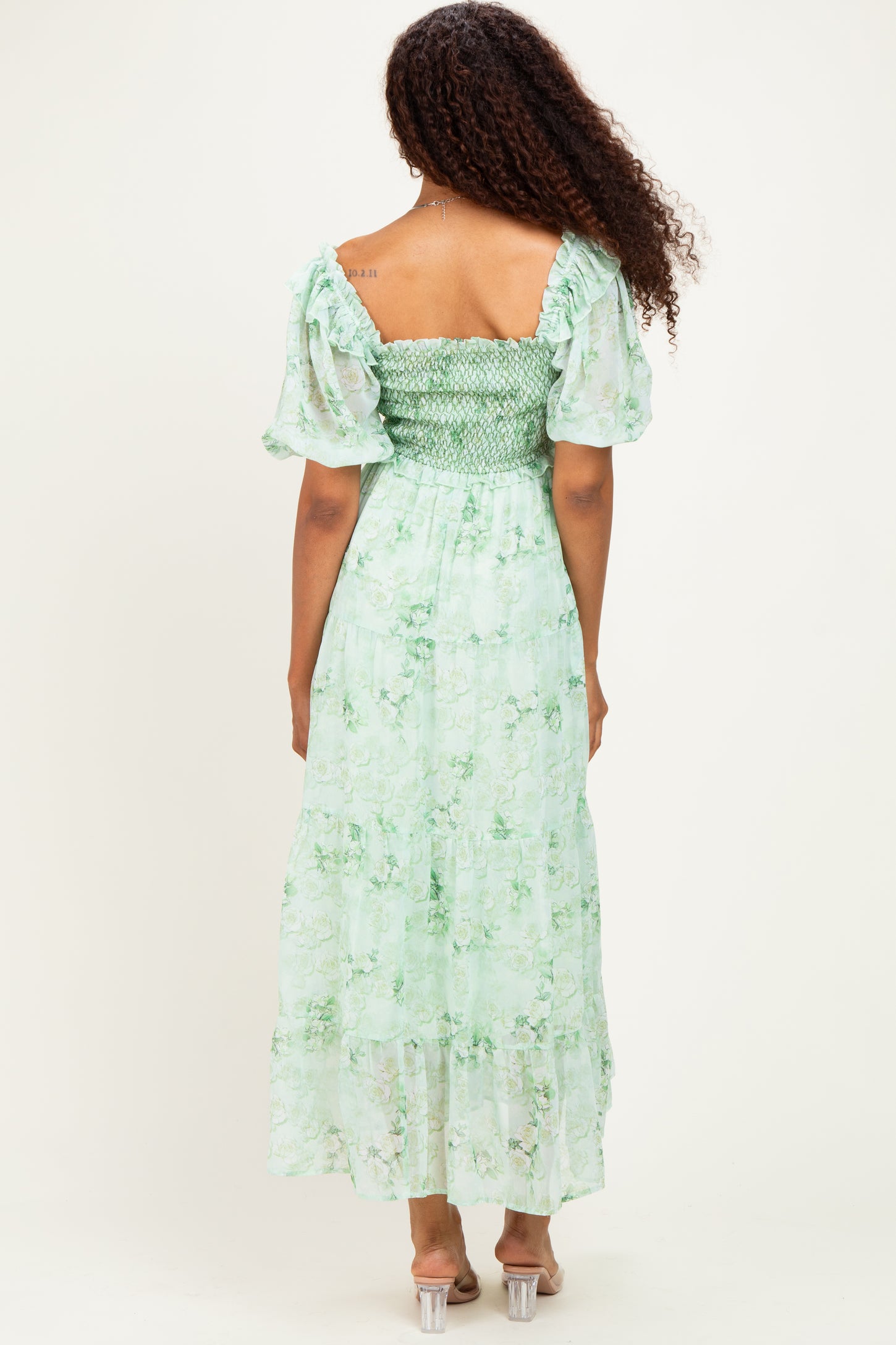 Mint Floral Chiffon Smocked Maxi Dress