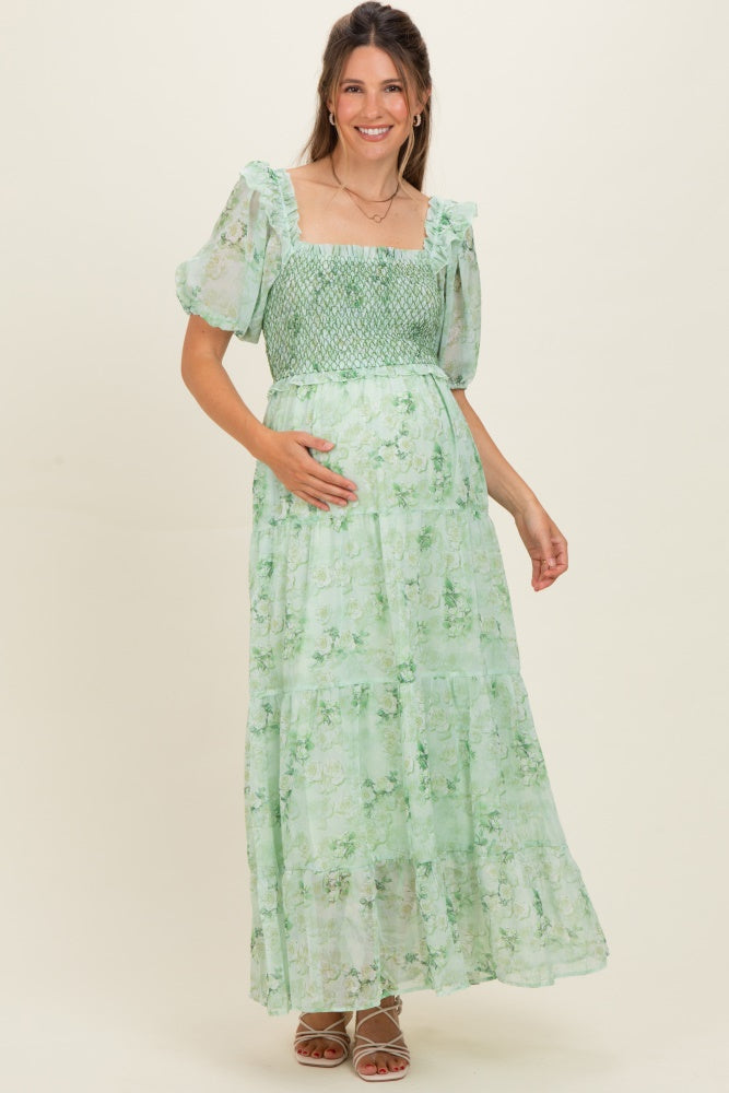 Mint Floral Chiffon Smocked Maternity Maxi Dress