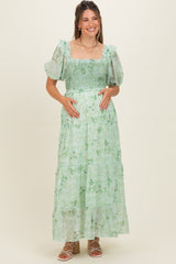 Mint Floral Chiffon Smocked Maternity Maxi Dress