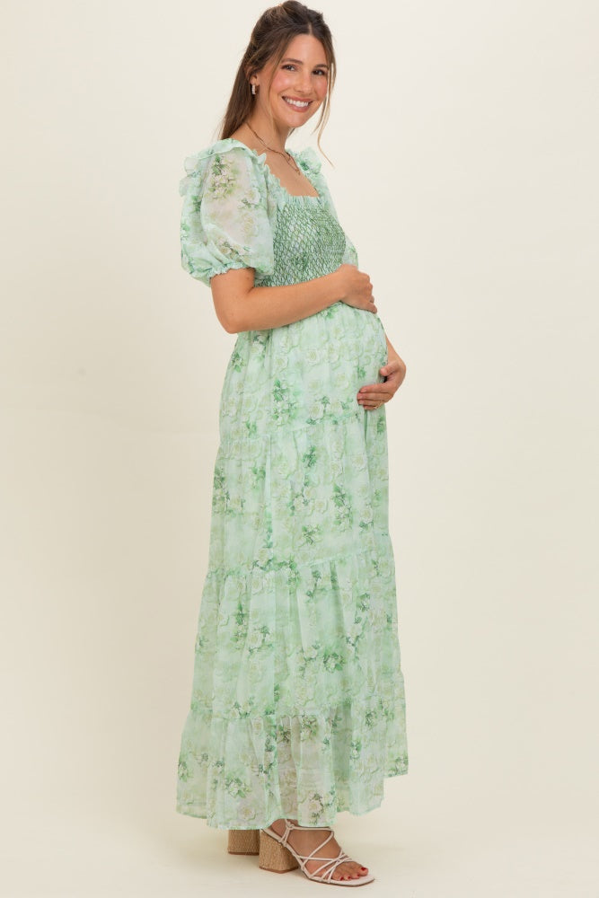 Mint Floral Chiffon Smocked Maternity Maxi Dress