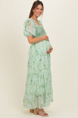 Mint Floral Chiffon Smocked Maternity Maxi Dress