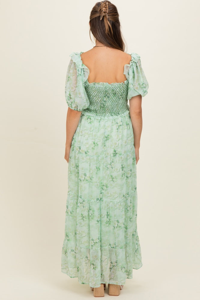Mint Floral Chiffon Smocked Maternity Maxi Dress