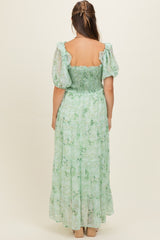 Mint Floral Chiffon Smocked Maternity Maxi Dress