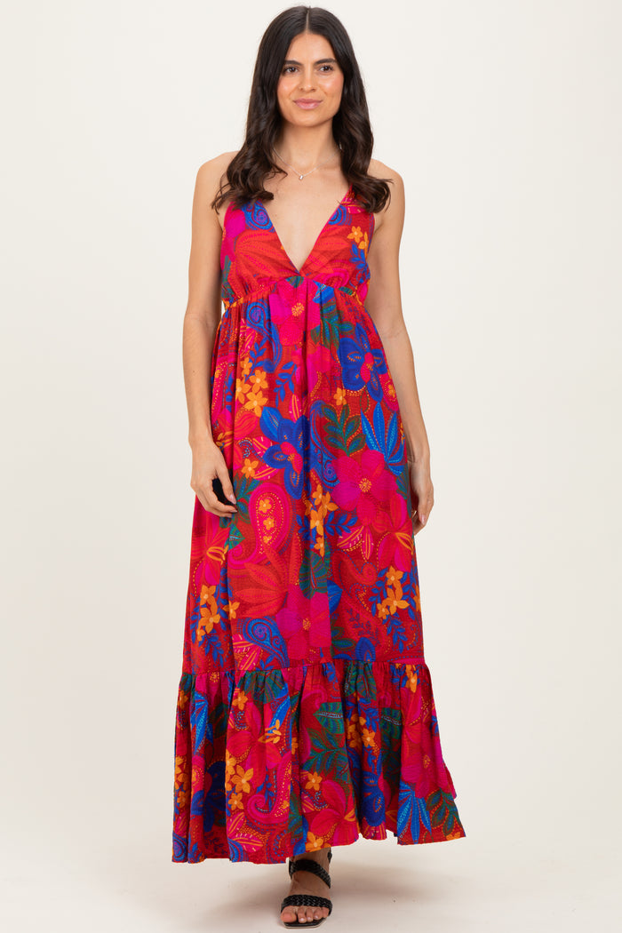 Red Floral Halter V-Neck Maternity Maxi Dress