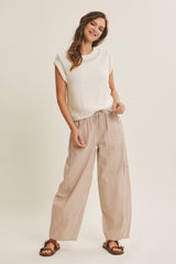 Camel Striped Cotton Barrel Leg Pants