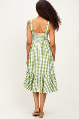 Green Gingham Front Tie Halter Midi Dress