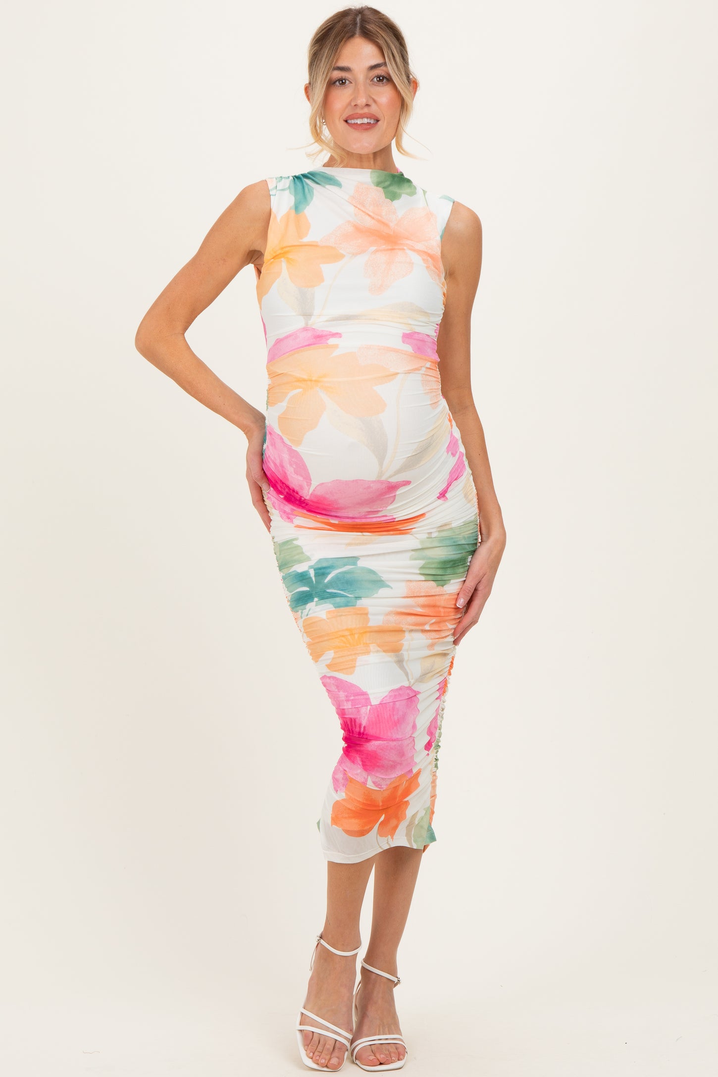 Multicolor Floral Ruched Sleeveless Maternity Midi Dress
