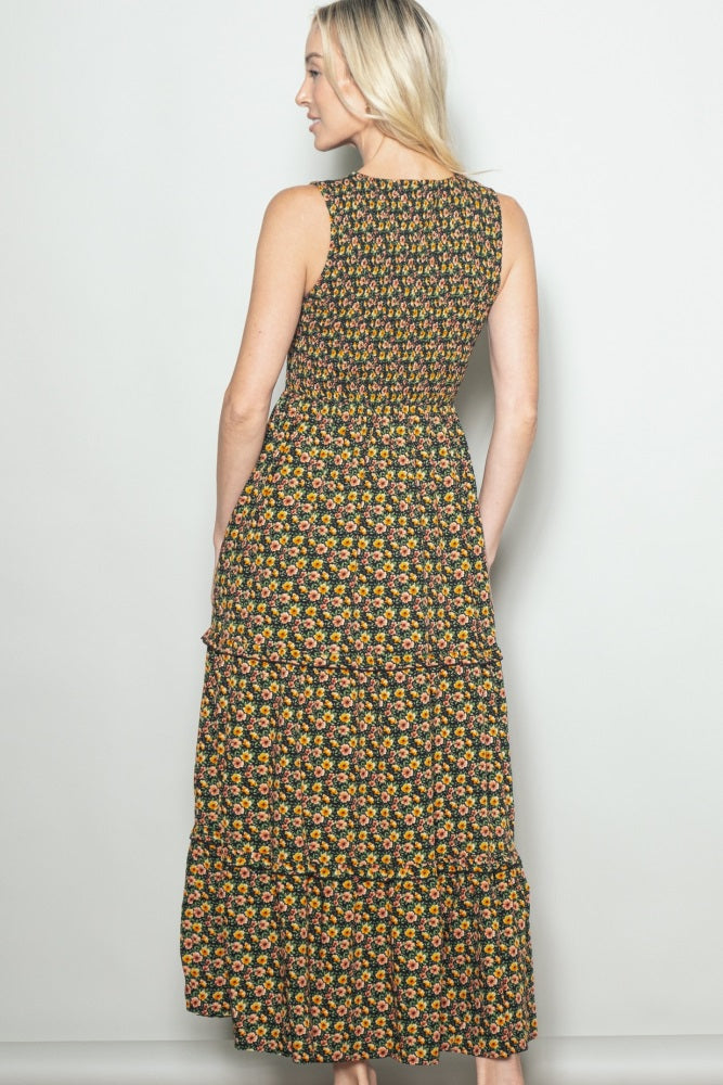 Multicolor Floral Smocked Sleeveless Tiered Maxi Dress