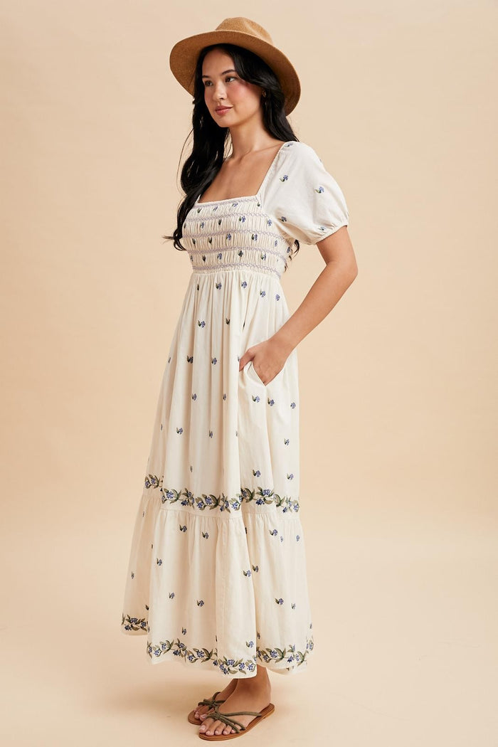 Buttercream Smocked Embroidered Floral Maxi Dress