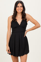 Black Ribbed Scallop Hem Swim Dress