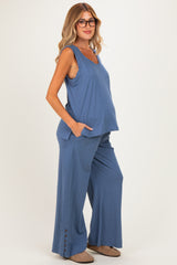 Blue Button Detail Tank Wide Leg Pant Maternity Set
