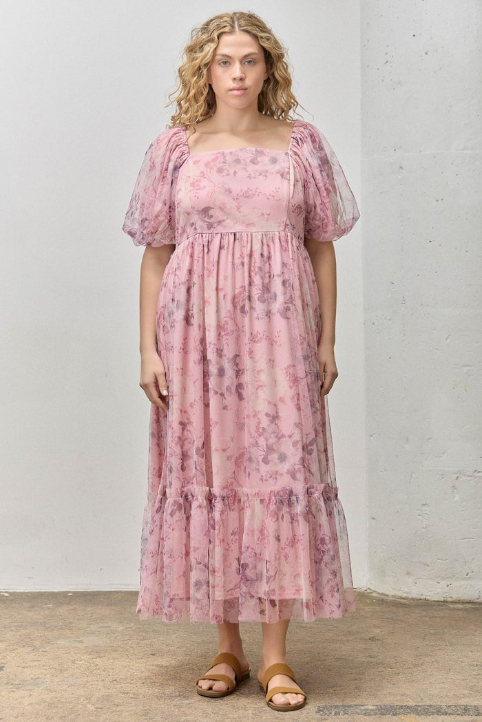 Pink Floral Printed Tulle Puff Sleeve Plus Midi Dress