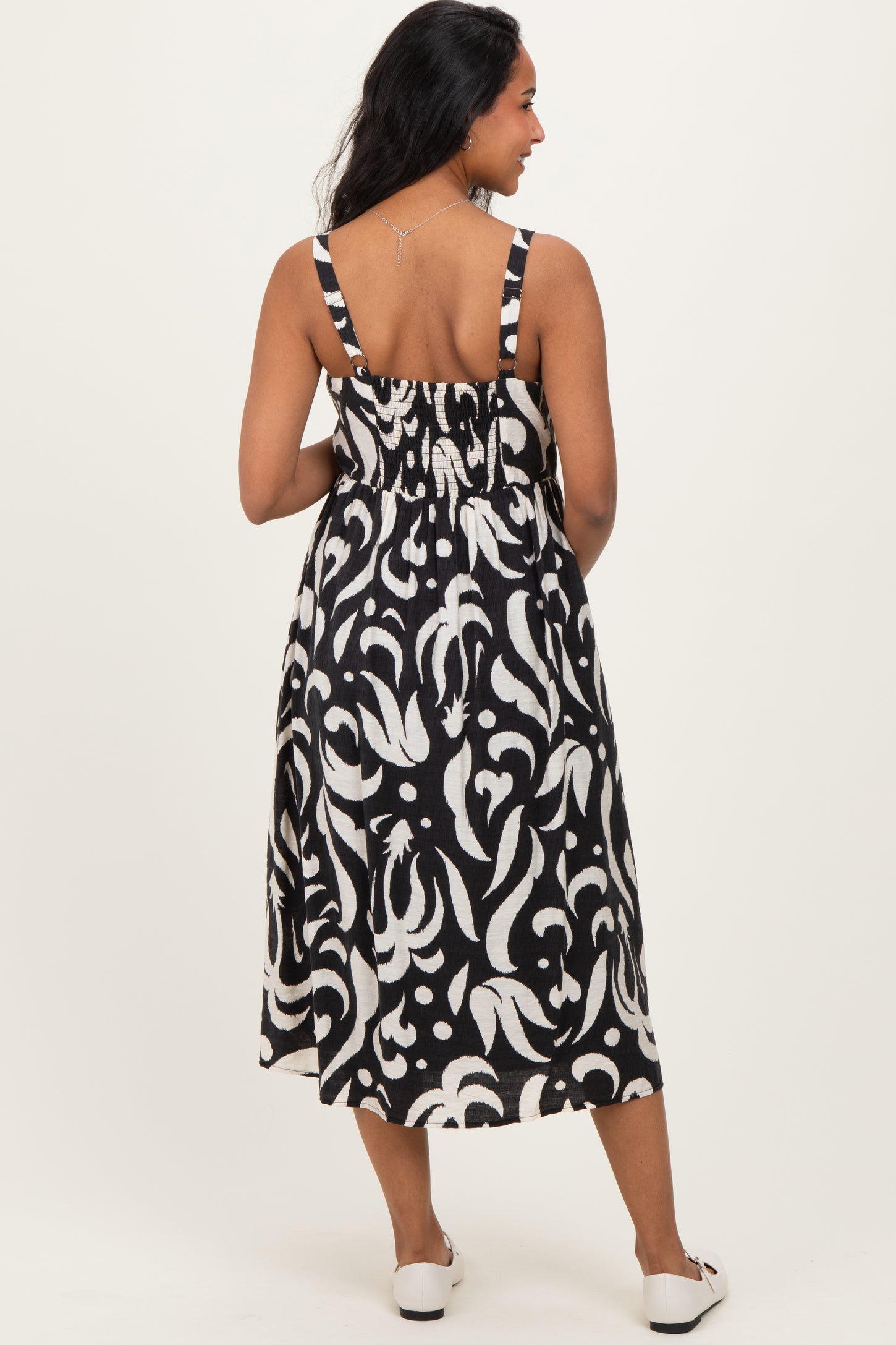 Black Printed Button Down Sleeveless Maternity Midi Dress