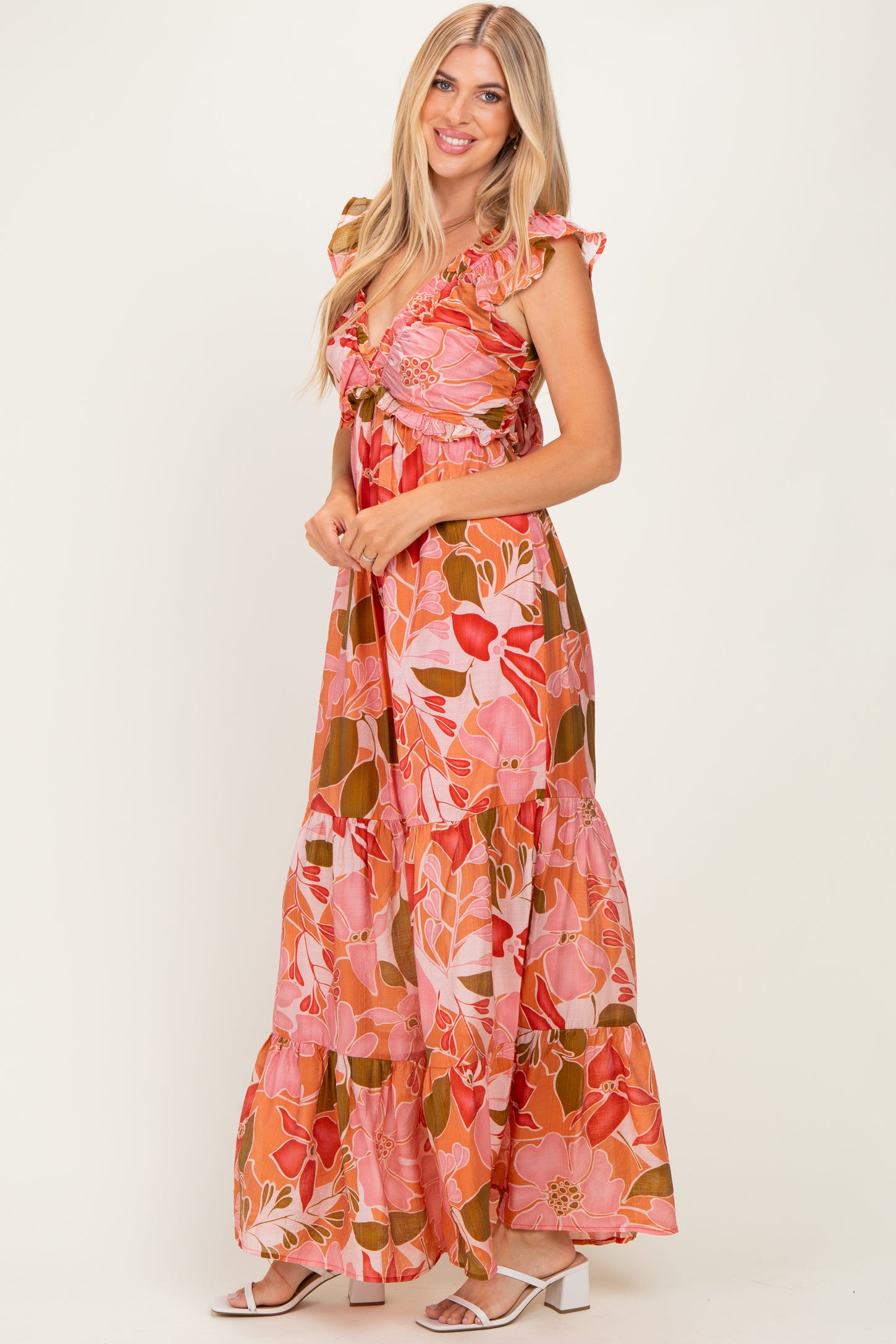 Pink Floral V-Neck Tiered Maxi Dress
