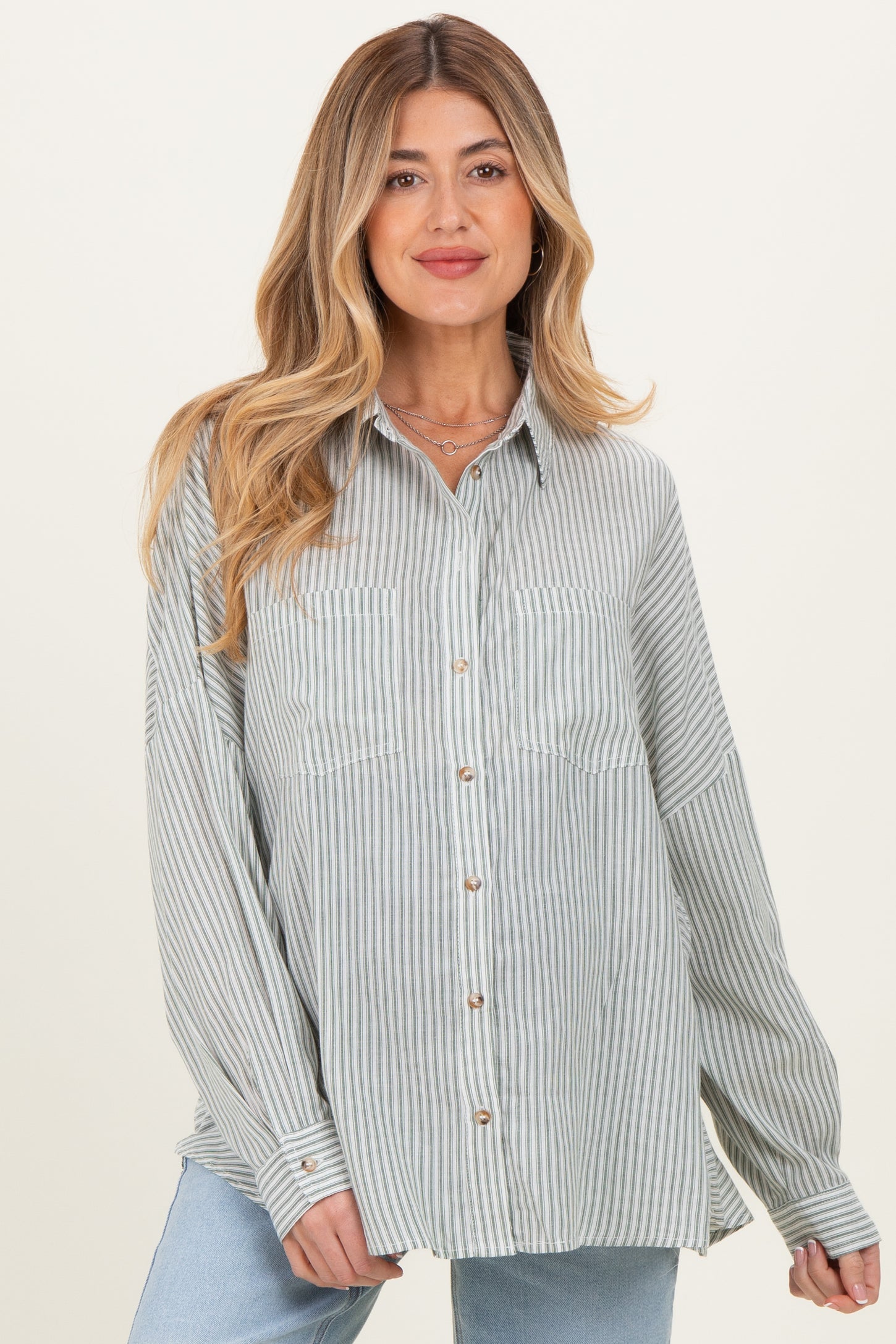 Olive Oversized Striped Button-Up Maternity Shirt