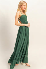 Hunter Green Smocked Halter Open Back Maxi Dress