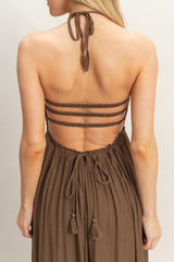 Chocolate Smocked Halter Open Back Maxi Dress
