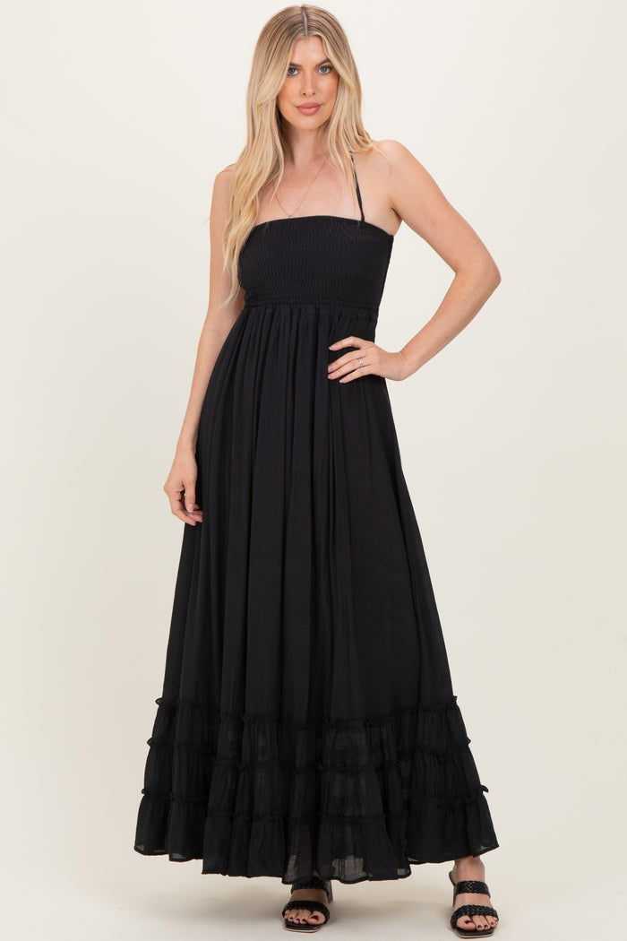 Black Smocked Halter Open Back Maternity Maxi Dress