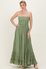 Light Olive Smocked Halter Open Back Maternity Maxi Dress