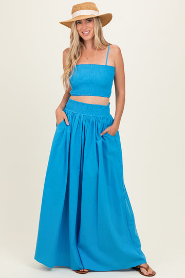 Blue Smocked Tank Maxi Skirt Set