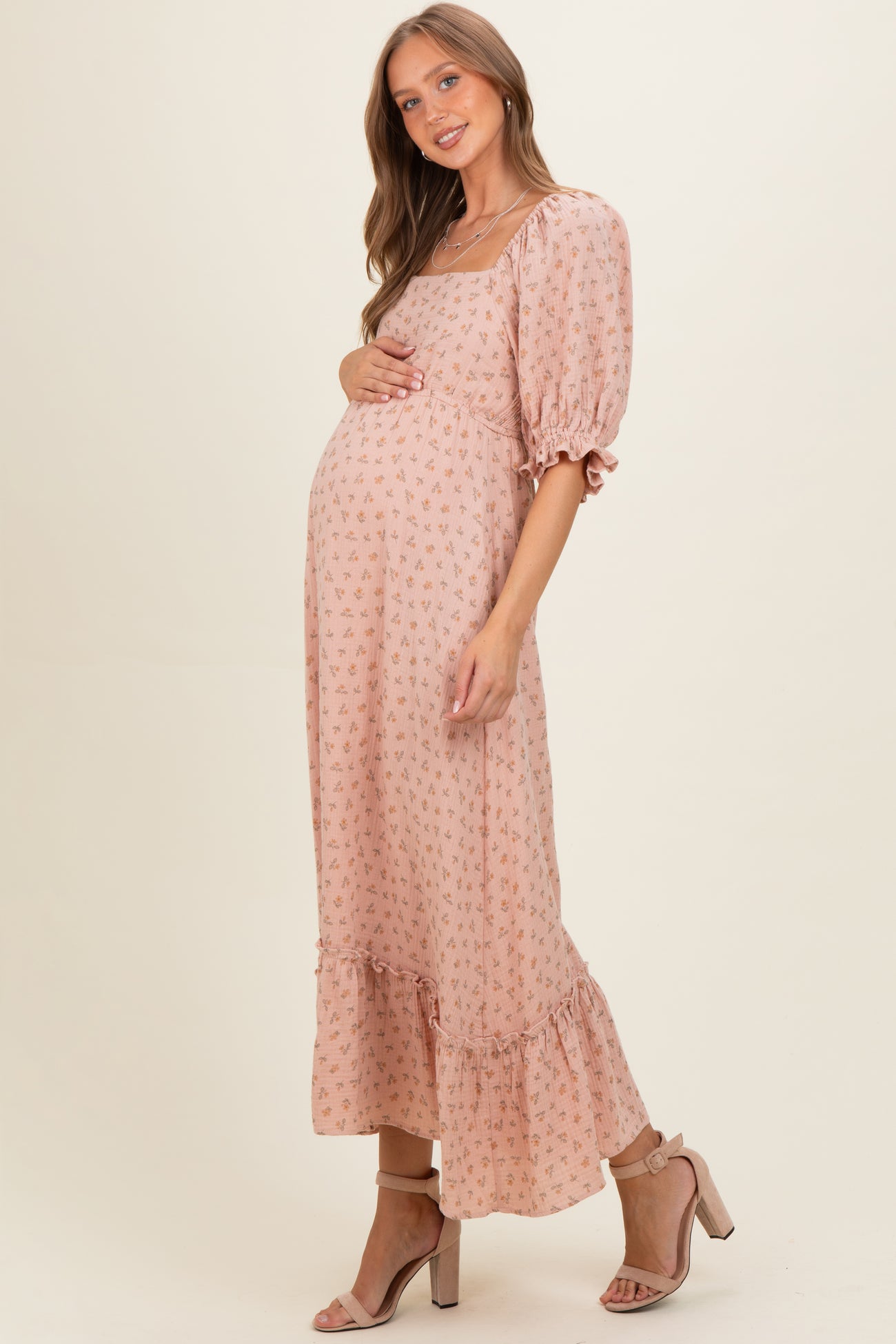 Mauve Floral Square Neck Maternity Maxi Dress