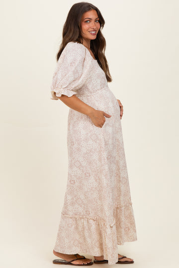 Light Pink Paisley Square Neck Maternity Maxi Dress