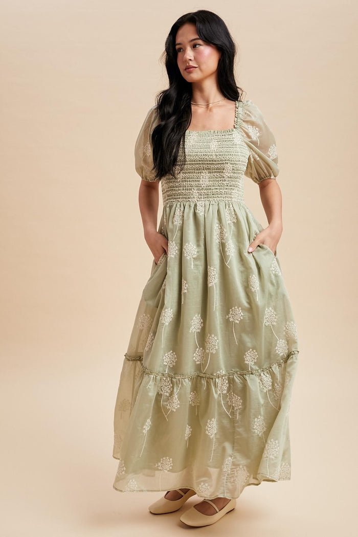Fern Embroidered Floral Smocked Maxi Dress