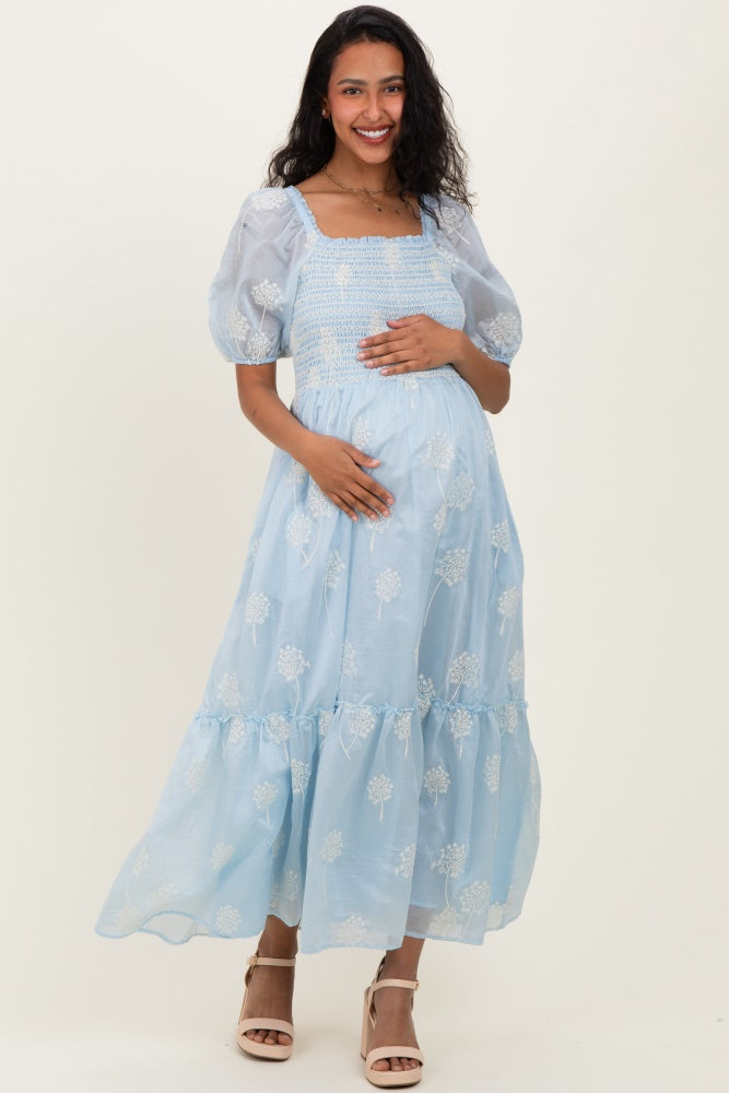 Light Blue Embroidered Floral Smocked Maternity Maxi Dress