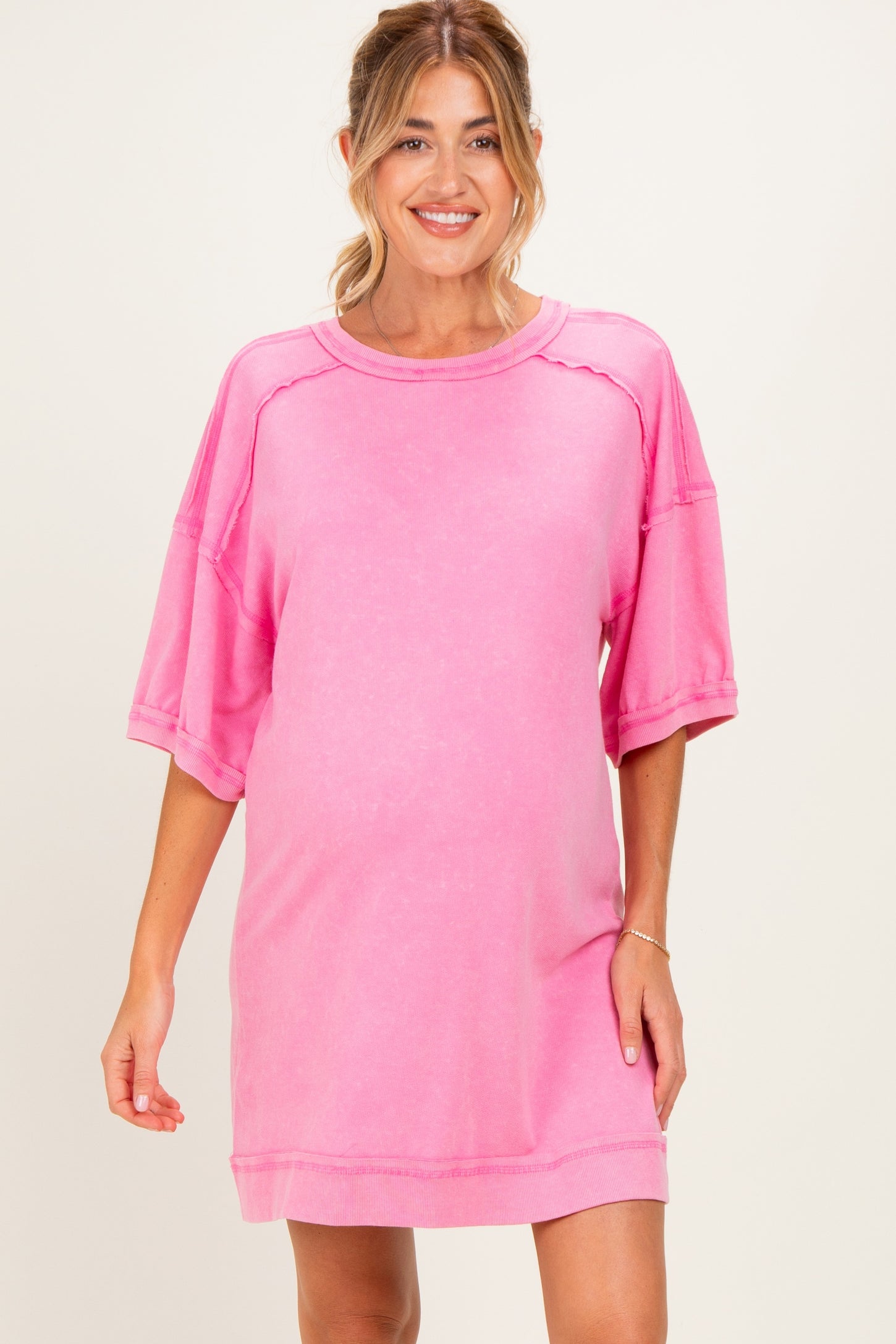 Hot Pink Mineral Wash French Terry Knit Maternity T-Shirt Dress