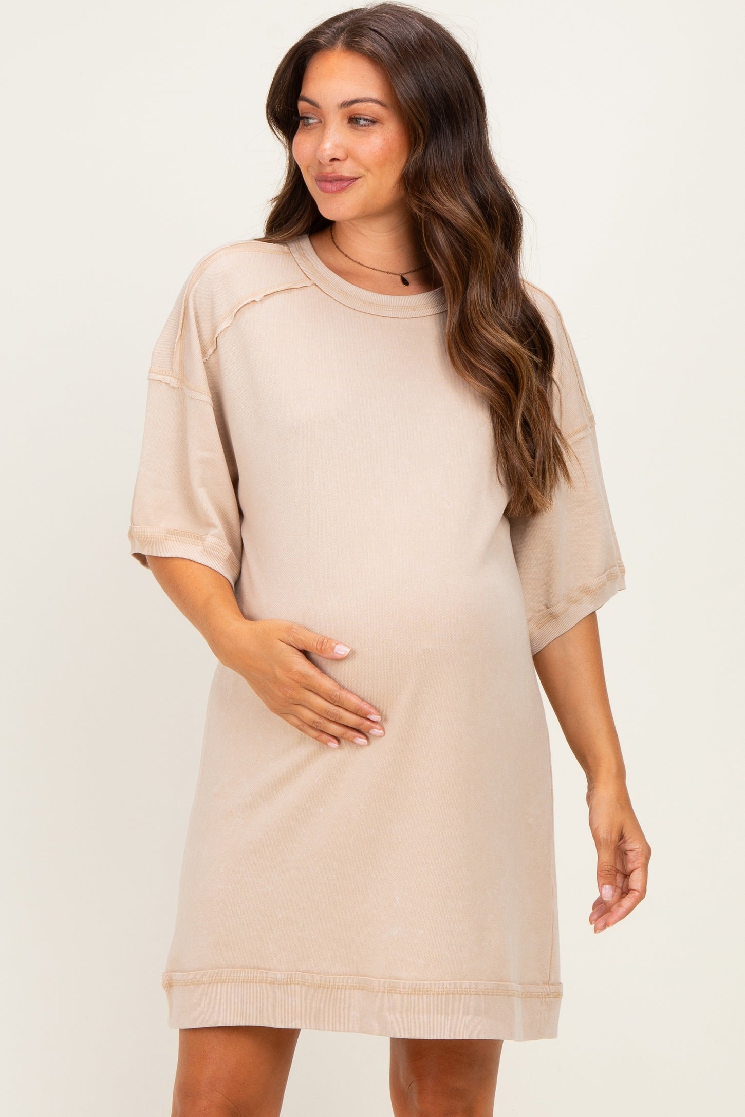 Beige Mineral Wash French Terry Knit Maternity T-Shirt Dress