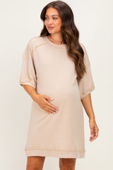 Beige Mineral Wash French Terry Knit Maternity T-Shirt Dress