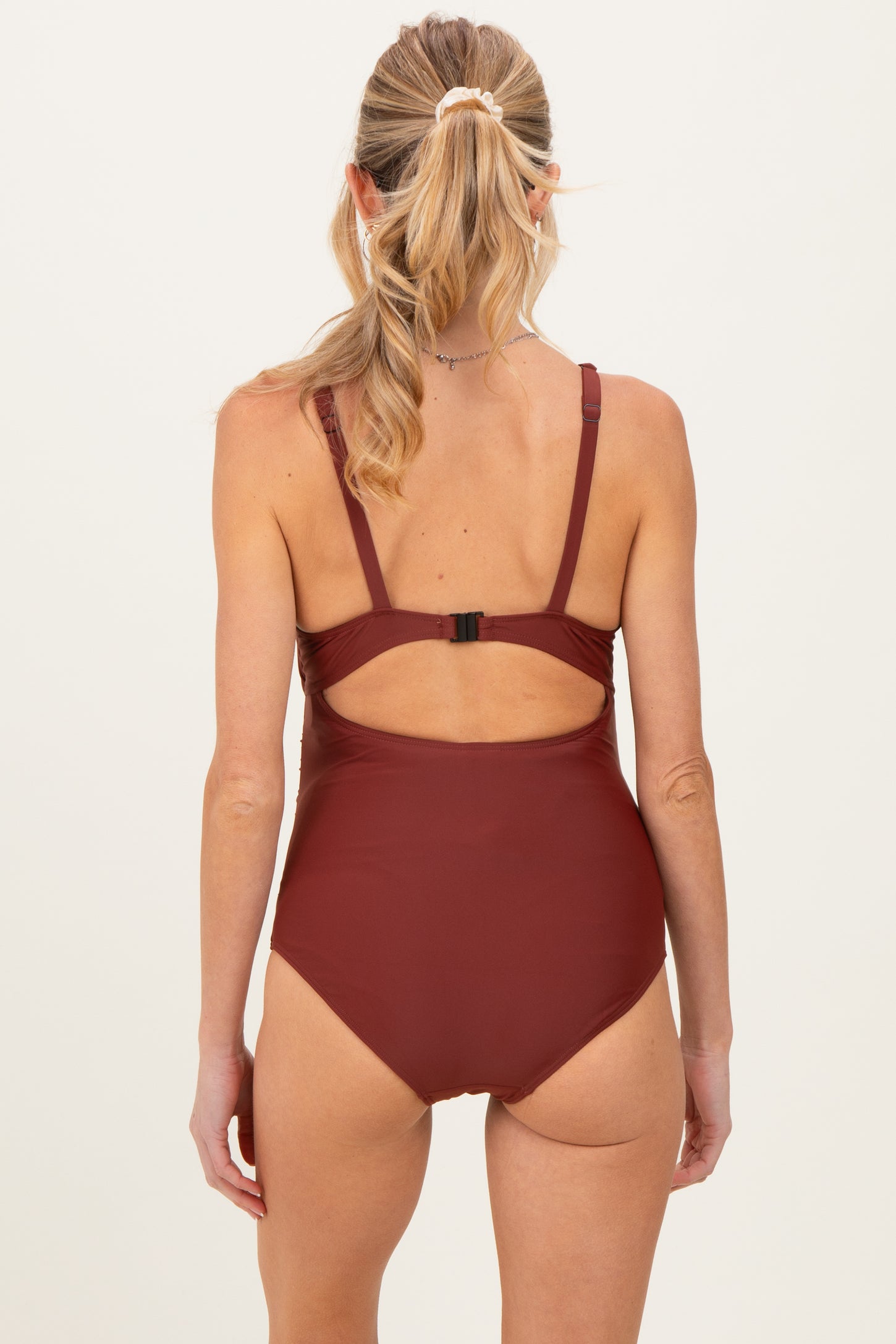 Brown Ruched Sides Front Cutout Maternity One Piece Swimsuit