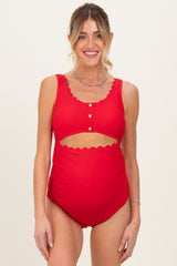 Red Scalloped Cutout Ruched Maternity One Piece Swimsuit