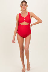 Red Scalloped Cutout Ruched Maternity One Piece Swimsuit