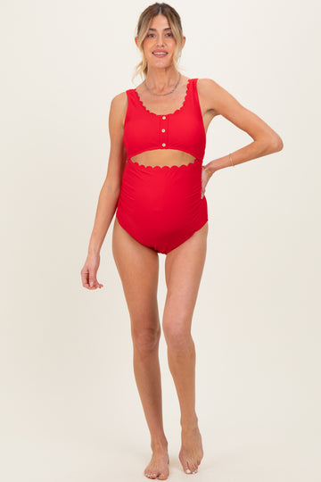 Red Scalloped Cutout Ruched Maternity One Piece Swimsuit