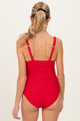 Red Scalloped Cutout Ruched Maternity One Piece Swimsuit