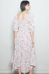 Cream Floral Smocked Handkerchief Hem Maxi Dress