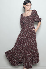 Sepia Floral Smocked Handkerchief Hem Maternity Maxi Dress