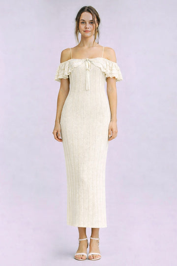 Ivory Off Shoulder Lace Knit Midi Dress