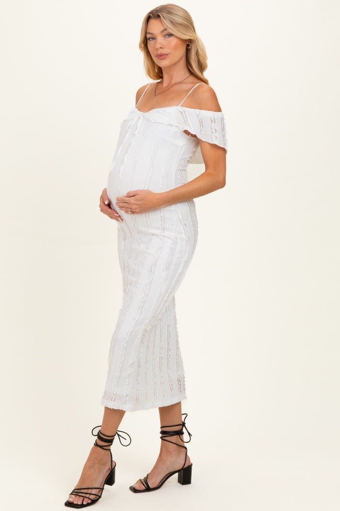 Ivory Off Shoulder Lace Knit Maternity Midi Dress