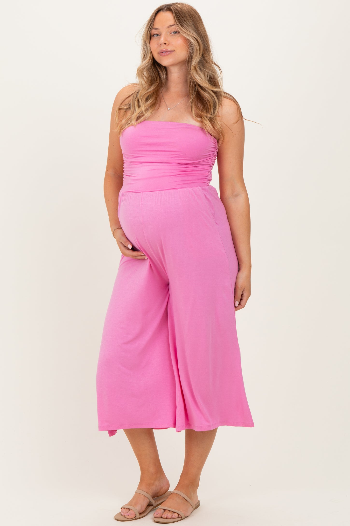 Pink Double Layered Strapless Tube Top Maternity Jumpsuit