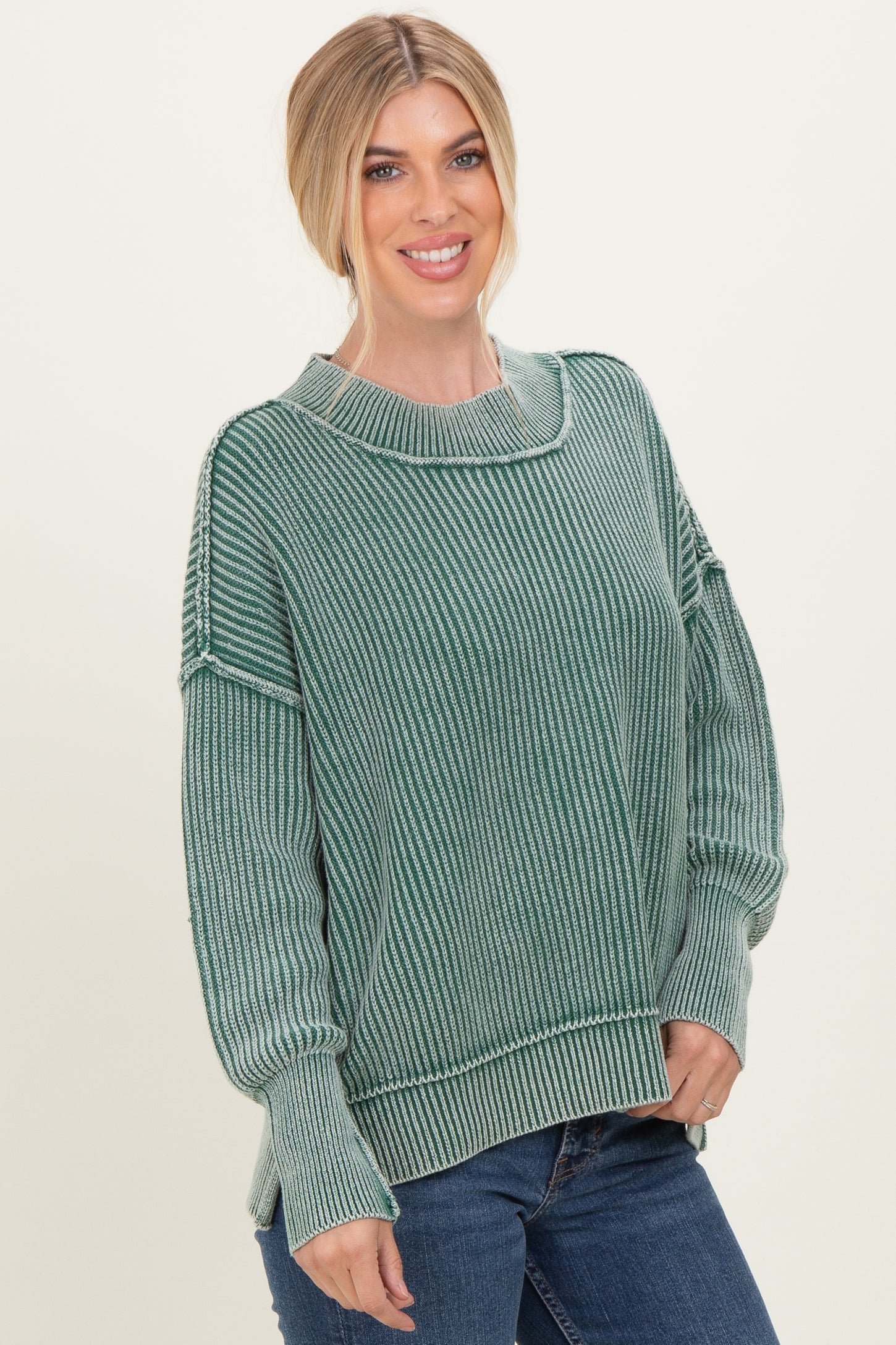 Dark Green Washed Side Slit Oversized Sweater